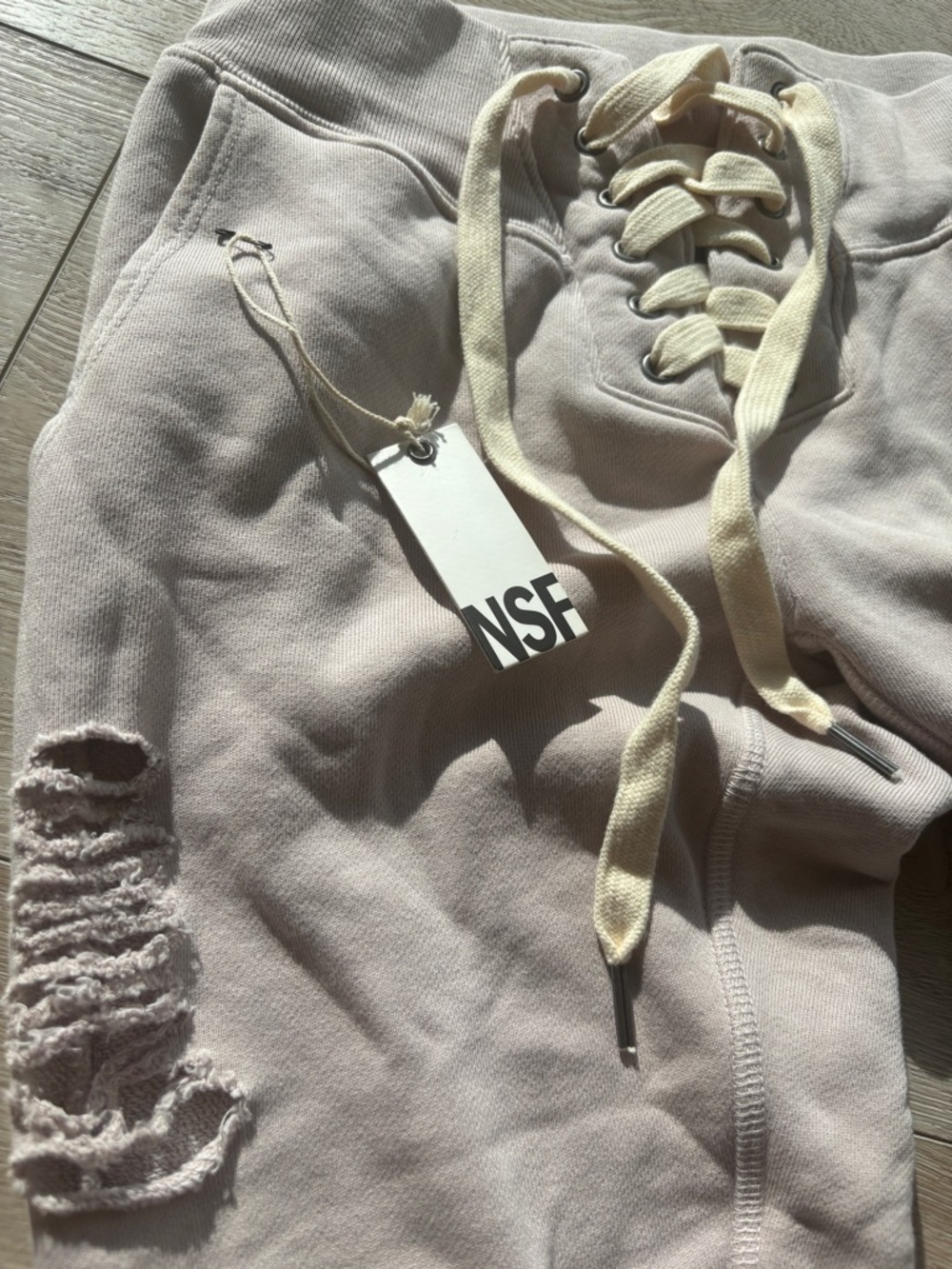 NSF brand laced up distressed sweats/joggers  in Light Beige - Picture 2 of 6